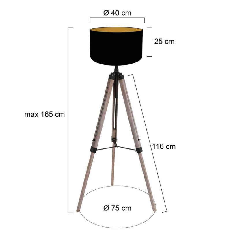 Vloerlamp Triek 4107ZW driepoot met een zwart goud linnen kap - Afbeelding 6