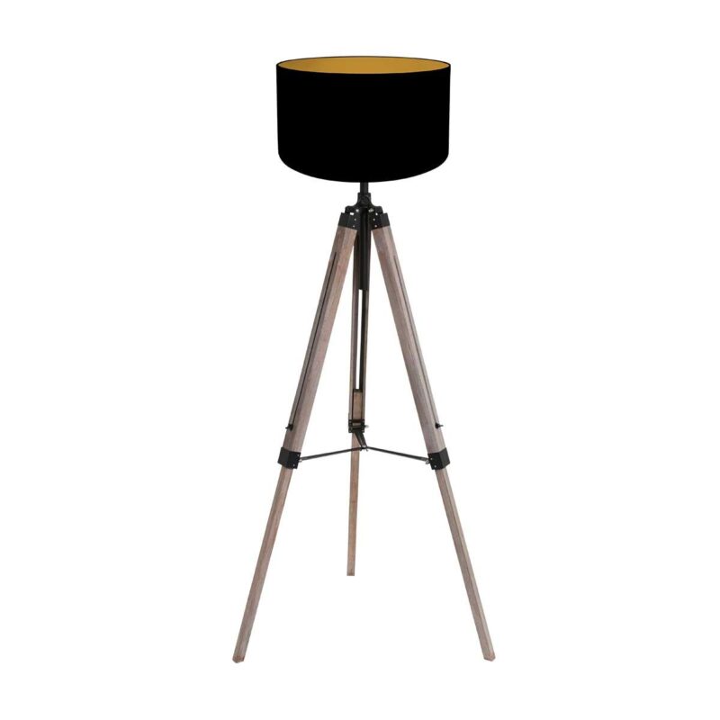 Vloerlamp Triek 4107ZW driepoot met een zwart goud linnen kap