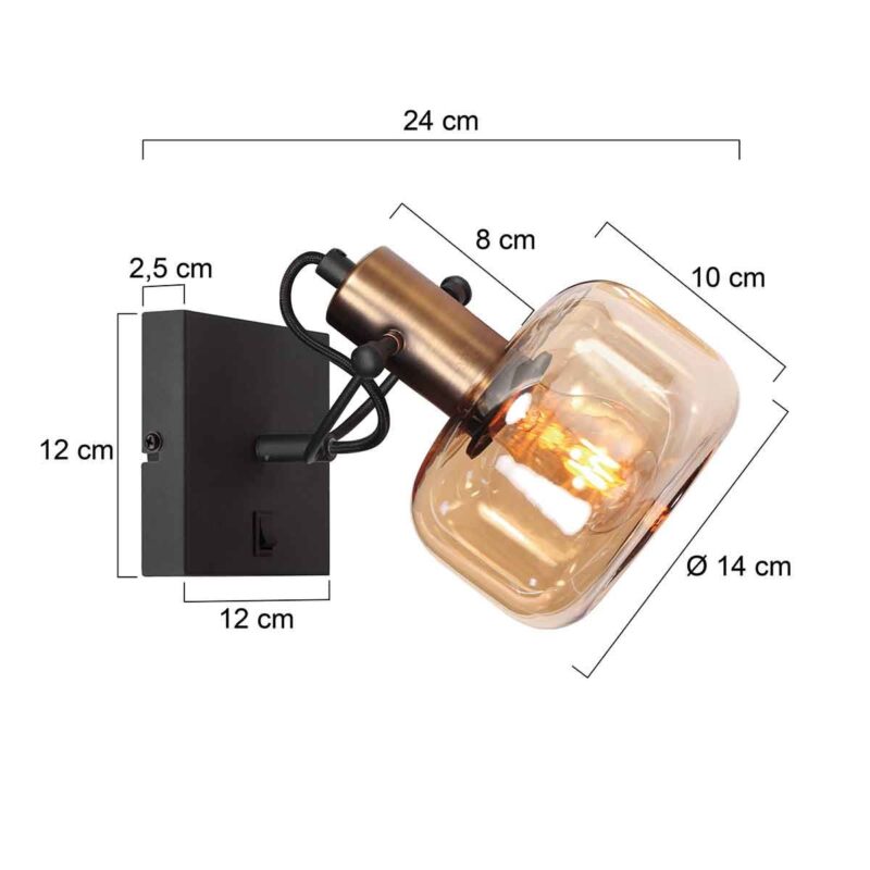 Wandlamp Glaslic 3864BR Brons met amber glas - Afbeelding 4