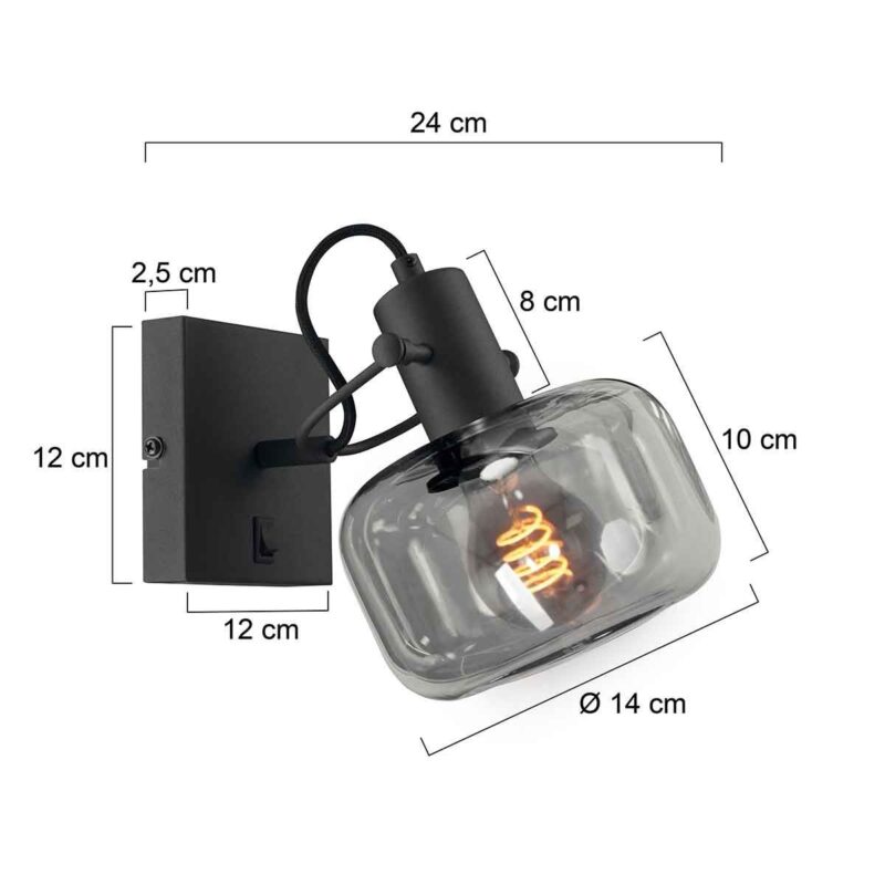 Wandlamp Glaslic 3864ZW Zwart met smoke glas - Afbeelding 4