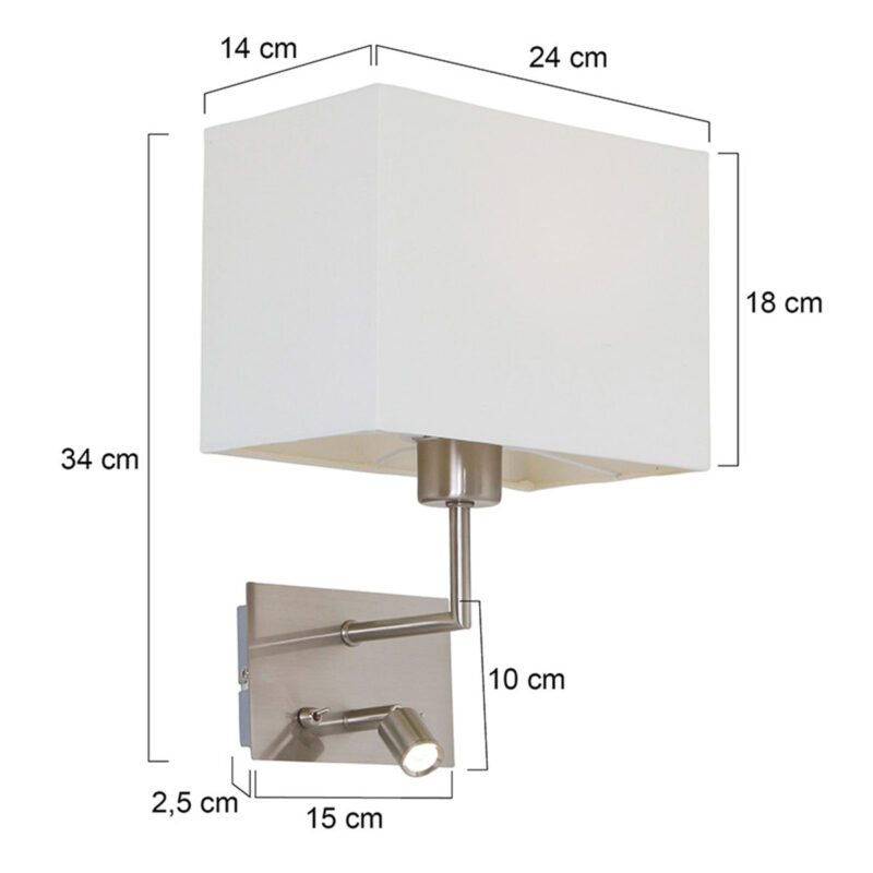 Wandlamp Nouveau 1472ST Staal met wit kapje en leeslampje van 3 Watt - Afbeelding 6