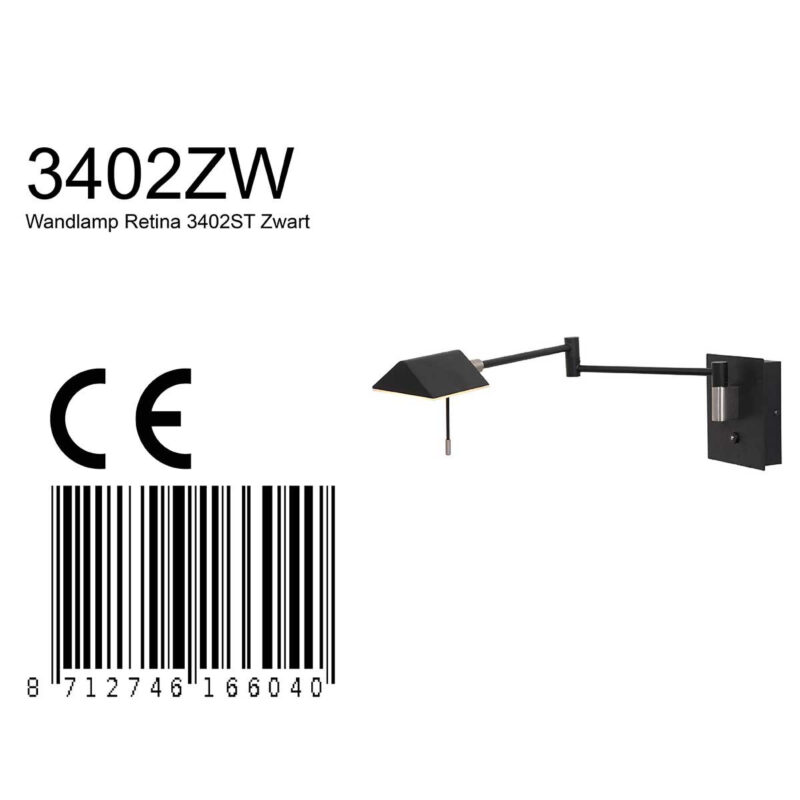 Wandlamp Retina 3402ZW Zwart met USB poorten - Afbeelding 7