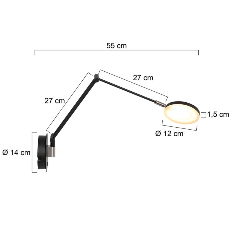 Wandlamp Soleil 3259ZW zwart met verstelbare arm - Afbeelding 6