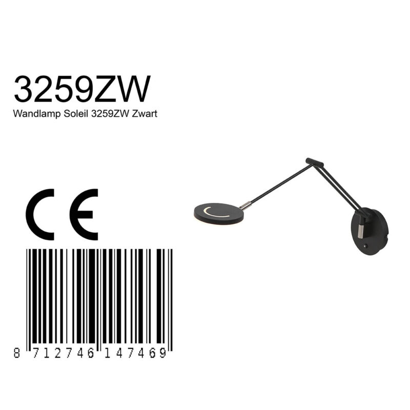 Wandlamp Soleil 3259ZW zwart met verstelbare arm - Afbeelding 7