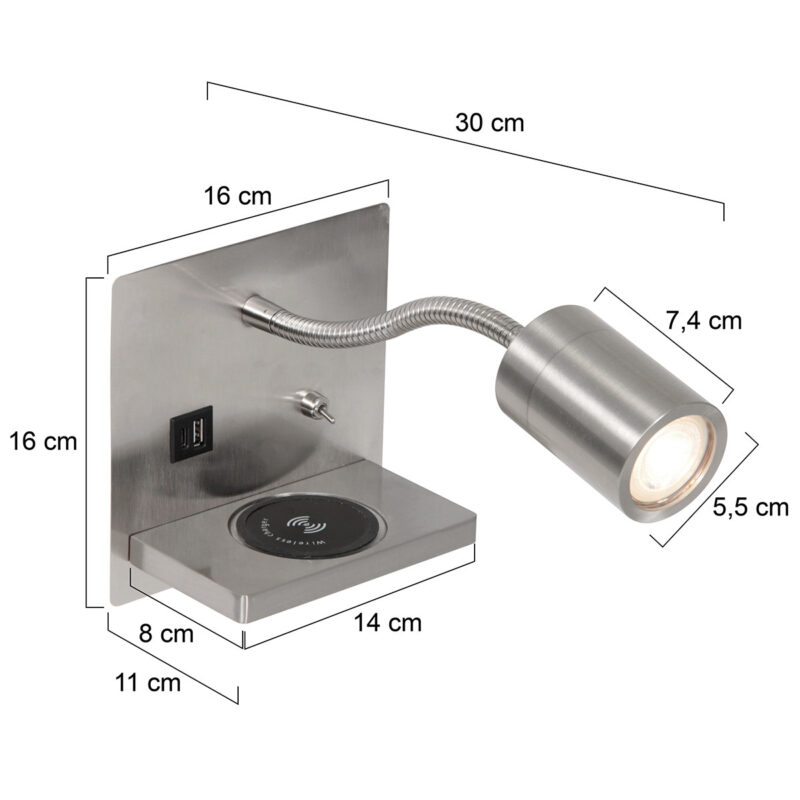 Wandlamp Upround 3654ST Staal met draadloze telefoonlader - Afbeelding 6