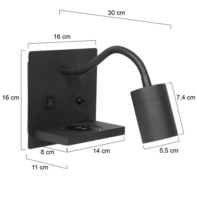 Wandlamp Upround 3654ZW Zwart met draadloze telefoonlader - Afbeelding 7