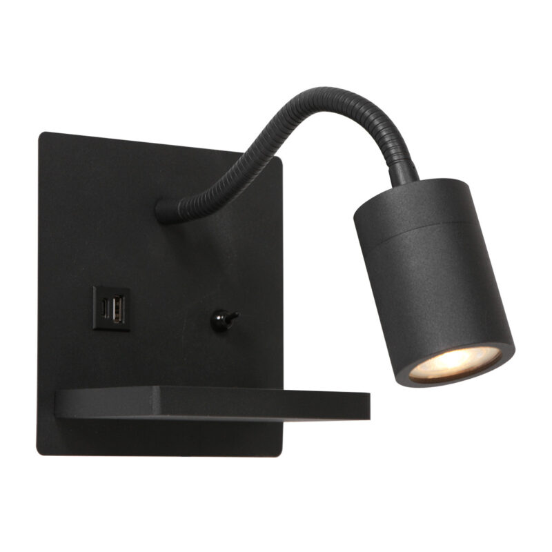 Wandlamp Upround 3654ZW Zwart met draadloze telefoonlader