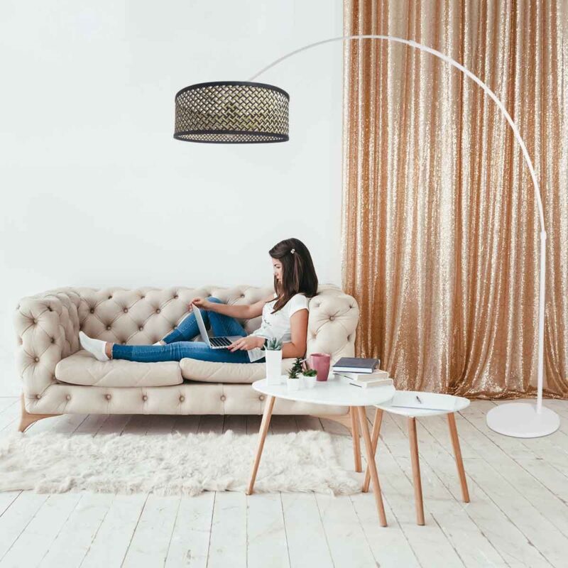 Witte vloerlamp / booglamp Sparkled Light 3784W met bamboe zwart naturel kap - Afbeelding 3