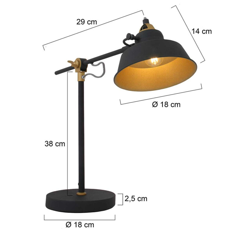 Zwart gouden stoere tafellamp Nove 1321ZW met E27 fitting - Afbeelding 8