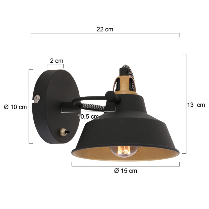 Zwart met gouden wandlamp Nove 3326ZW met korte arm - Afbeelding 6