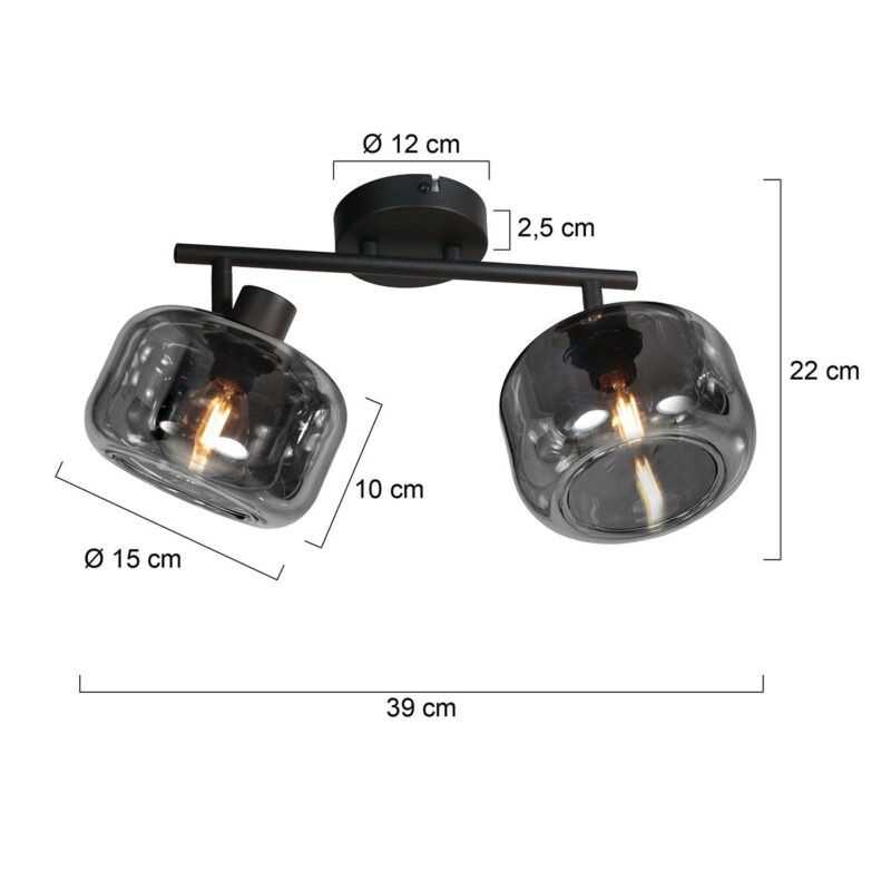 Spot de plafond noir à 2 lampes Tenebris 4209ZW – Éclairage élégant avec verre fumé – Image 6