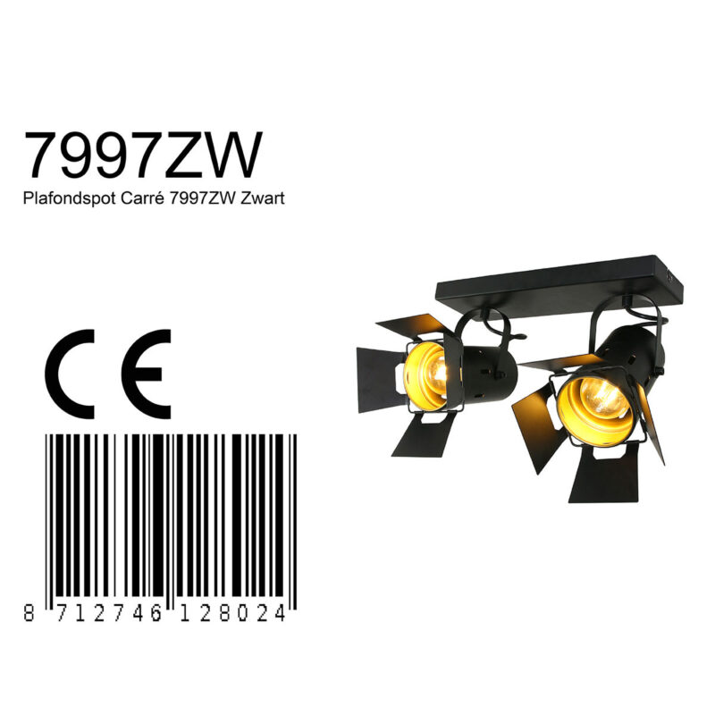 Zwarte 2 lichts plafondspot Carree 7997ZW met E27 fitting - Afbeelding 7