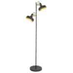 Trendy vloerlamp met verstelbare zwarte kapjes en houten details, moderne verlichting voor woonkamer en kantoor.