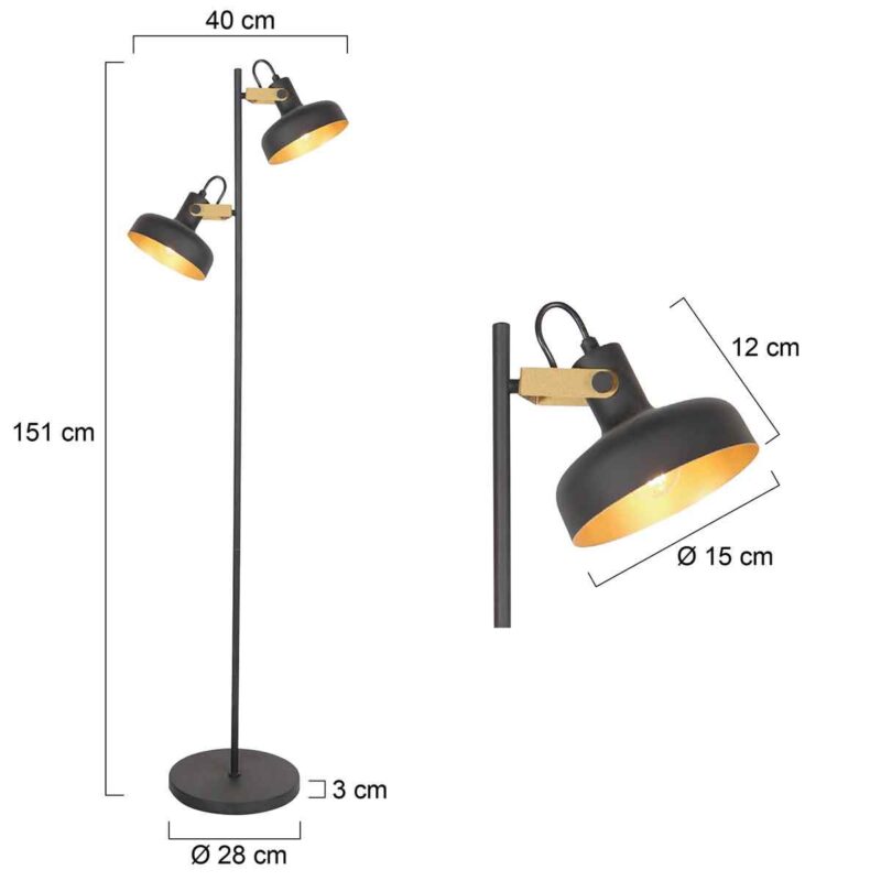 Zwarte 2 lichts vloerlamp Prato 4121ZW met E14 fittingen - Afbeelding 7