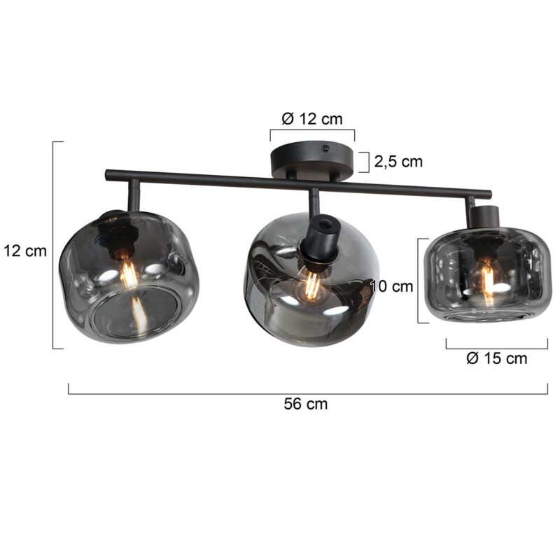 Zwarte 3-Lichts Plafondspot Tenebris 4210ZW – Stijlvolle Verlichting met Smoke Glas - Afbeelding 6