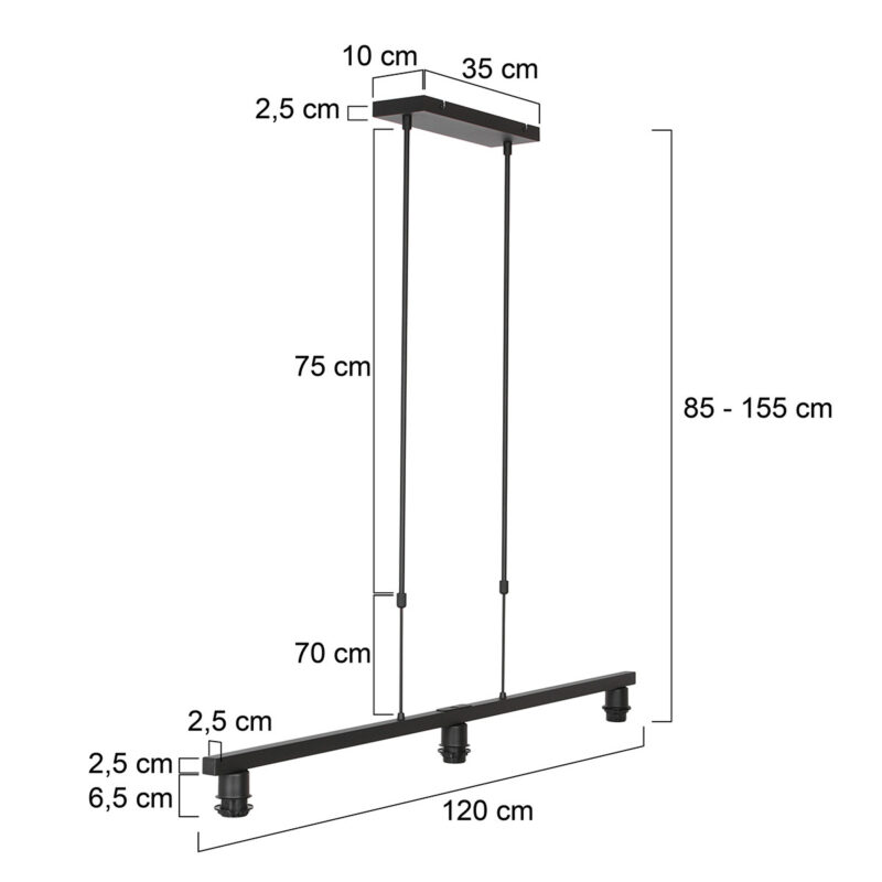 Zwarte 3-lichts hanglamp Stang 3457ZW zonder kappen - Afbeelding 6