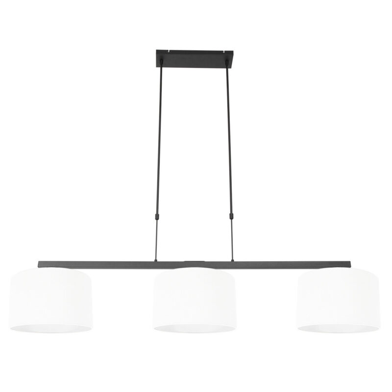 Zwarte 3-lichts hanglamp Stang 3458ZW met wit linnen kappen