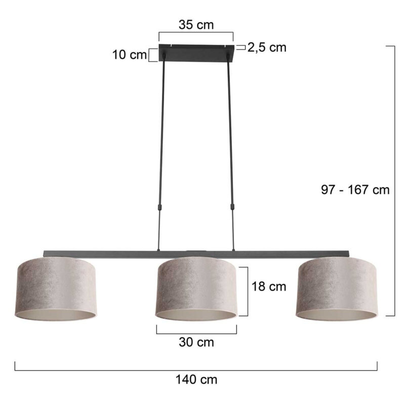 Zwarte 3-lichts hanglamp Stang 3459ZW met grijs / zilver velours kappen - Afbeelding 7