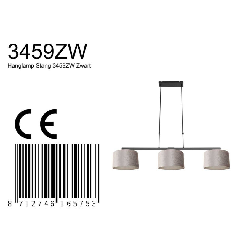 Zwarte 3-lichts hanglamp Stang 3459ZW met grijs / zilver velours kappen - Afbeelding 8