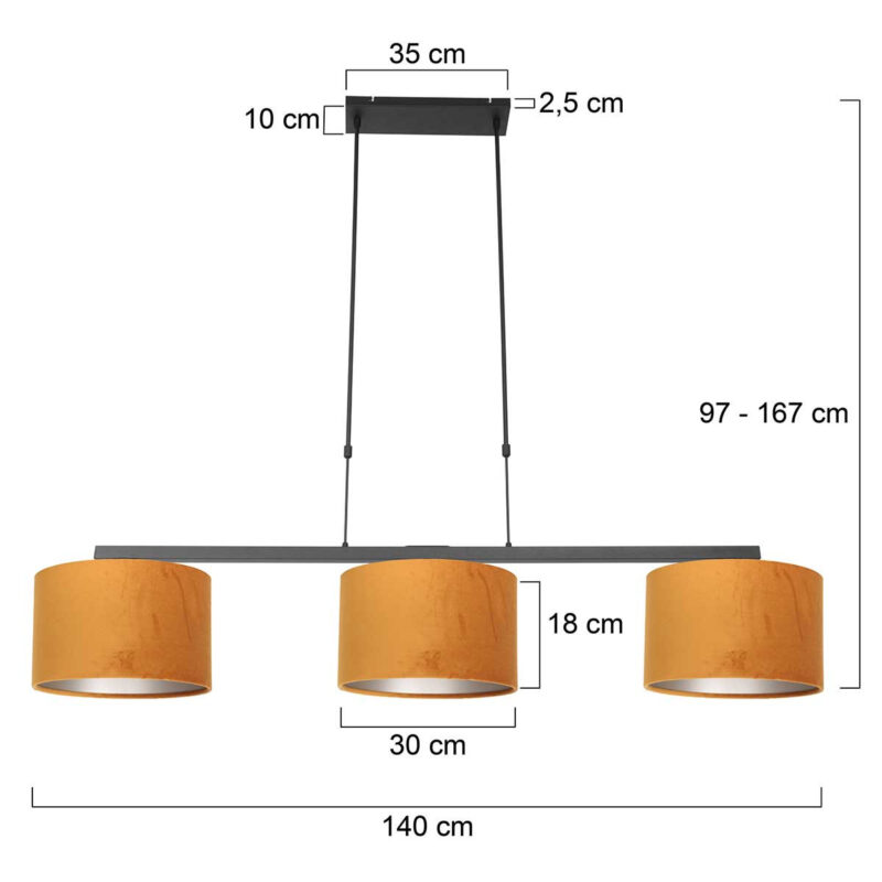Zwarte 3-lichts hanglamp Stang 3460ZW met goudkleurige velours kappen - Afbeelding 7