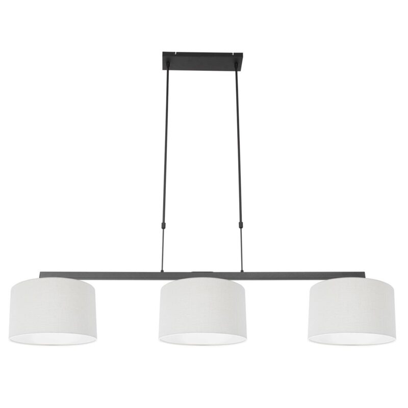 Zwarte 3-lichts hanglamp Stang 3461ZW met wit grof linnen kappen - Afbeelding 2