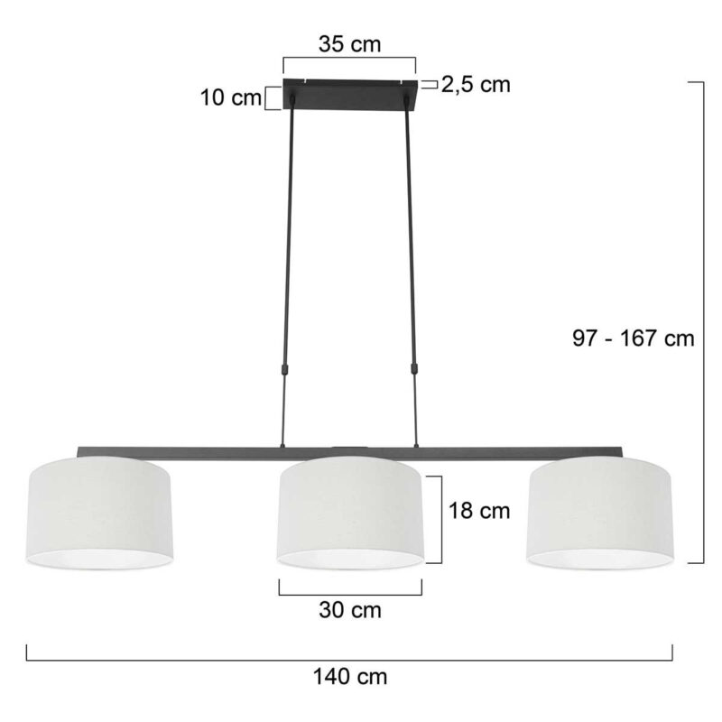 Zwarte 3-lichts hanglamp Stang 3461ZW met wit grof linnen kappen - Afbeelding 7