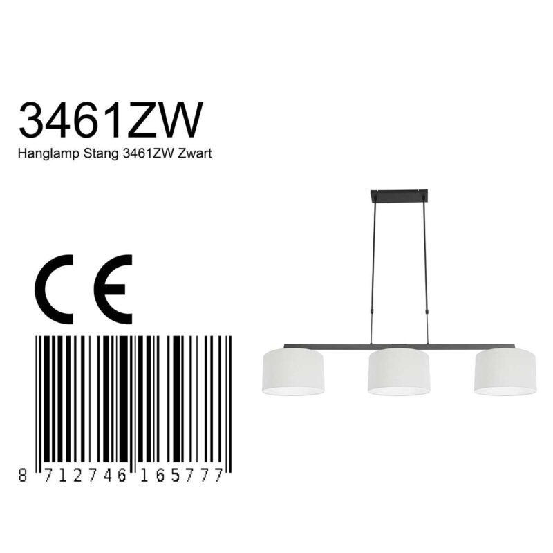 Zwarte 3-lichts hanglamp Stang 3461ZW met wit grof linnen kappen - Afbeelding 8