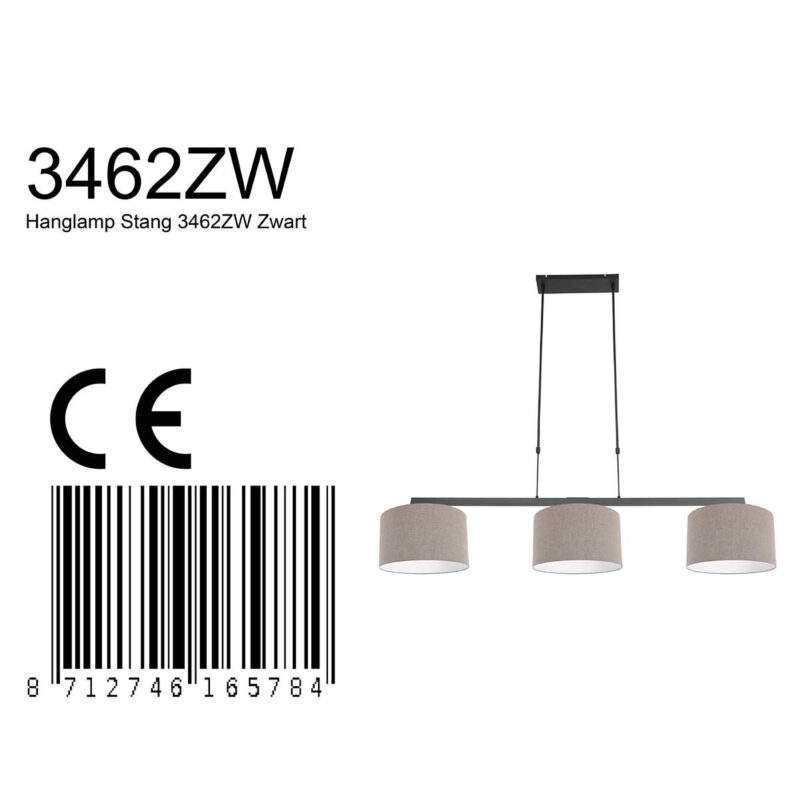 Zwarte 3-lichts hanglamp Stang 3462ZW met grijs grof linnen kappen - Afbeelding 8