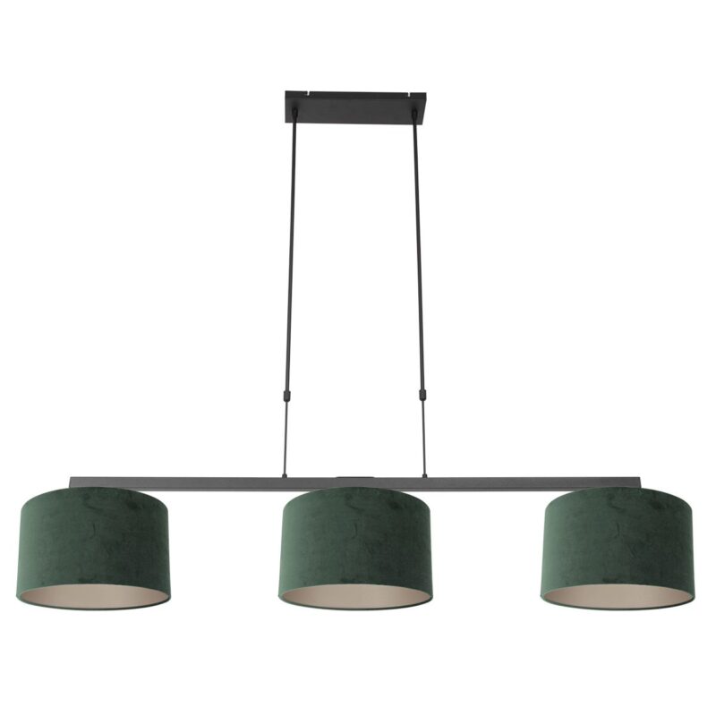 Zwarte 3-lichts hanglamp Stang 3463ZW met groen velours kappen - Afbeelding 2