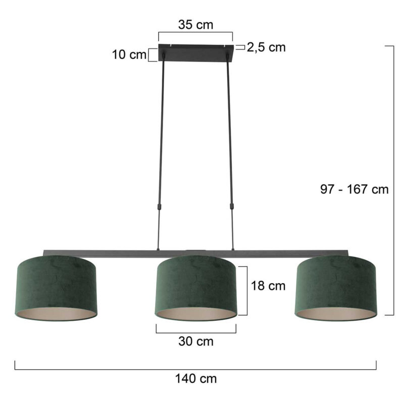 Zwarte 3-lichts hanglamp Stang 3463ZW met groen velours kappen - Afbeelding 7