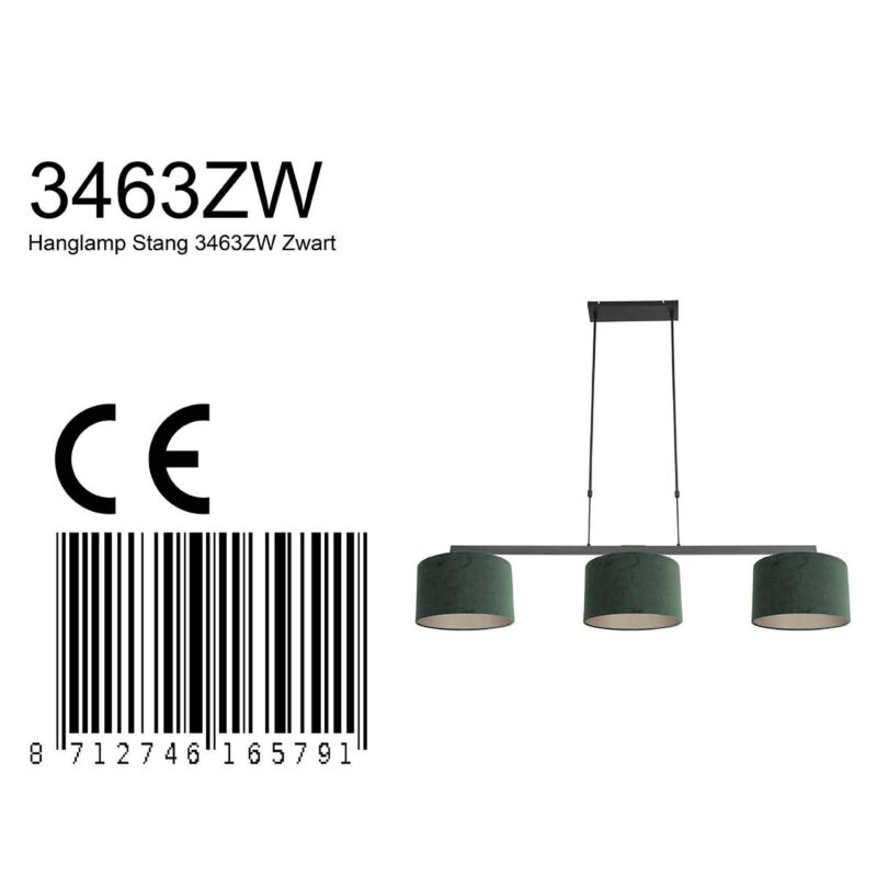Zwarte 3-lichts hanglamp Stang 3463ZW met groen velours kappen - Afbeelding 8