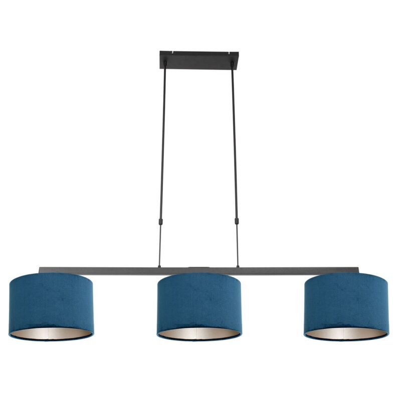 Zwarte 3-lichts hanglamp Stang 3464ZW met blauw velours kappen - Afbeelding 2
