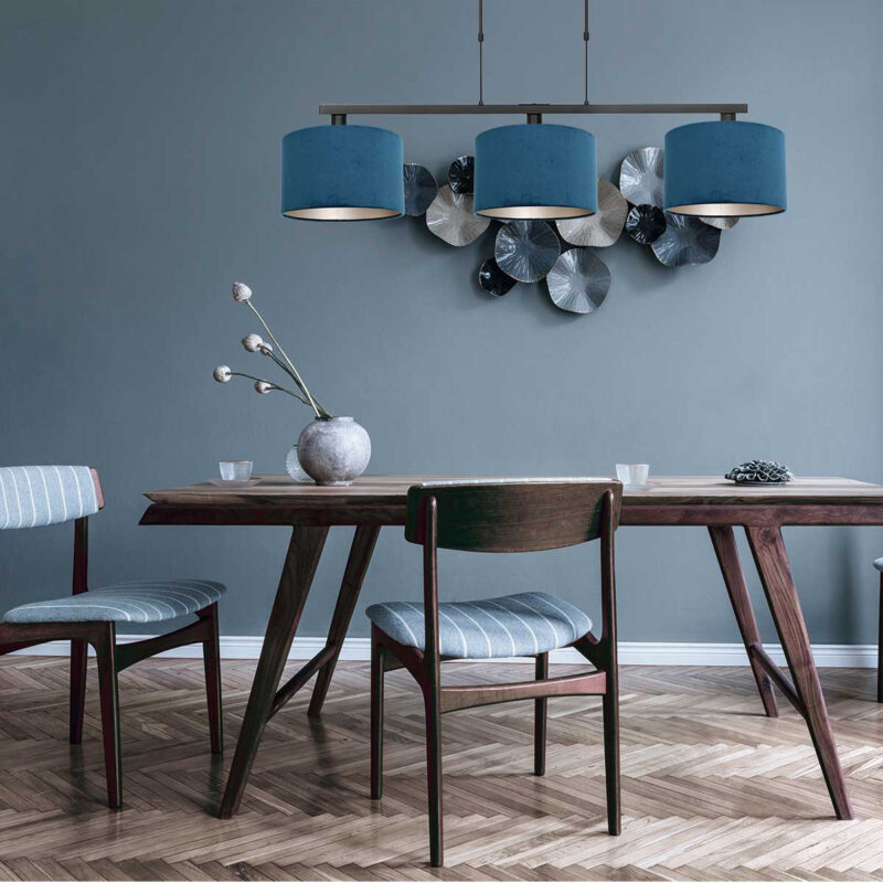 Zwarte 3-lichts hanglamp Stang 3464ZW met blauw velours kappen - Afbeelding 3