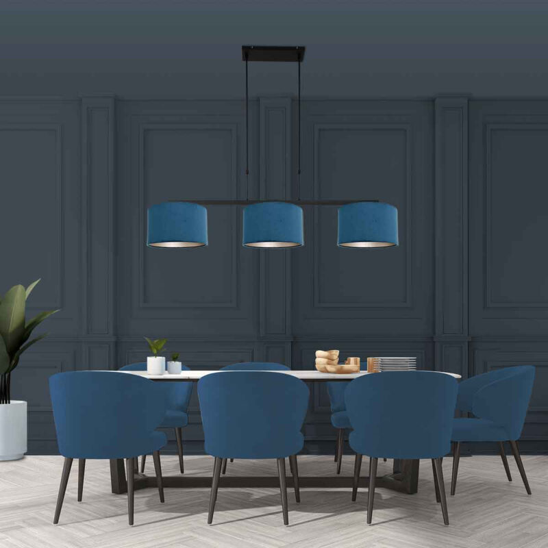 Zwarte 3-lichts hanglamp Stang 3464ZW met blauw velours kappen - Afbeelding 4