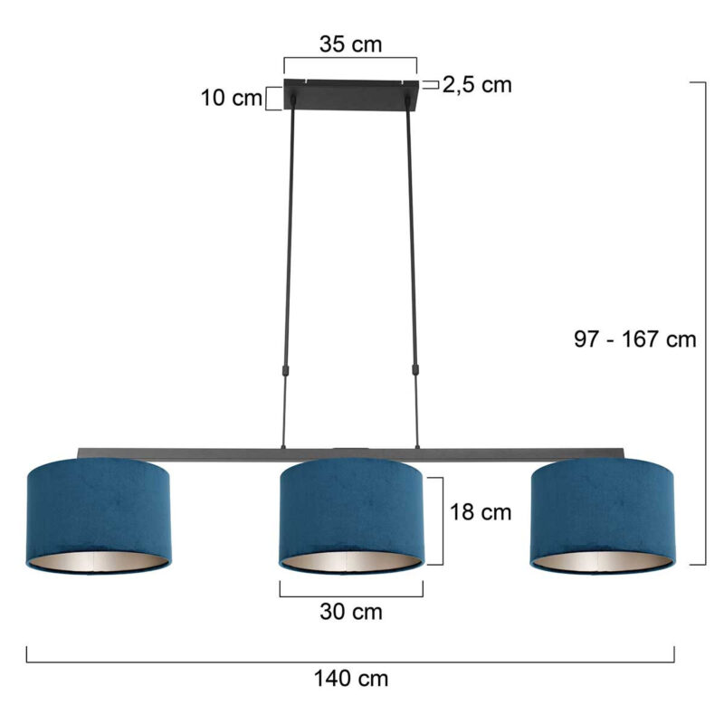 Zwarte 3-lichts hanglamp Stang 3464ZW met blauw velours kappen - Afbeelding 8