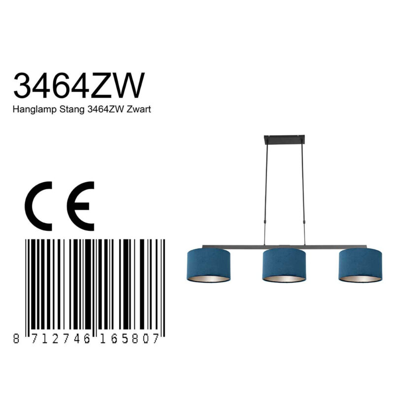 Zwarte 3-lichts hanglamp Stang 3464ZW met blauw velours kappen - Afbeelding 9