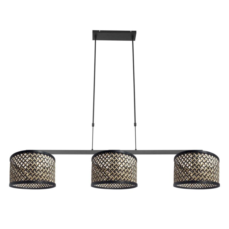 Zwarte 3-lichts hanglamp Stang 3743ZW met blank zwarte bamboe kappen - Afbeelding 2
