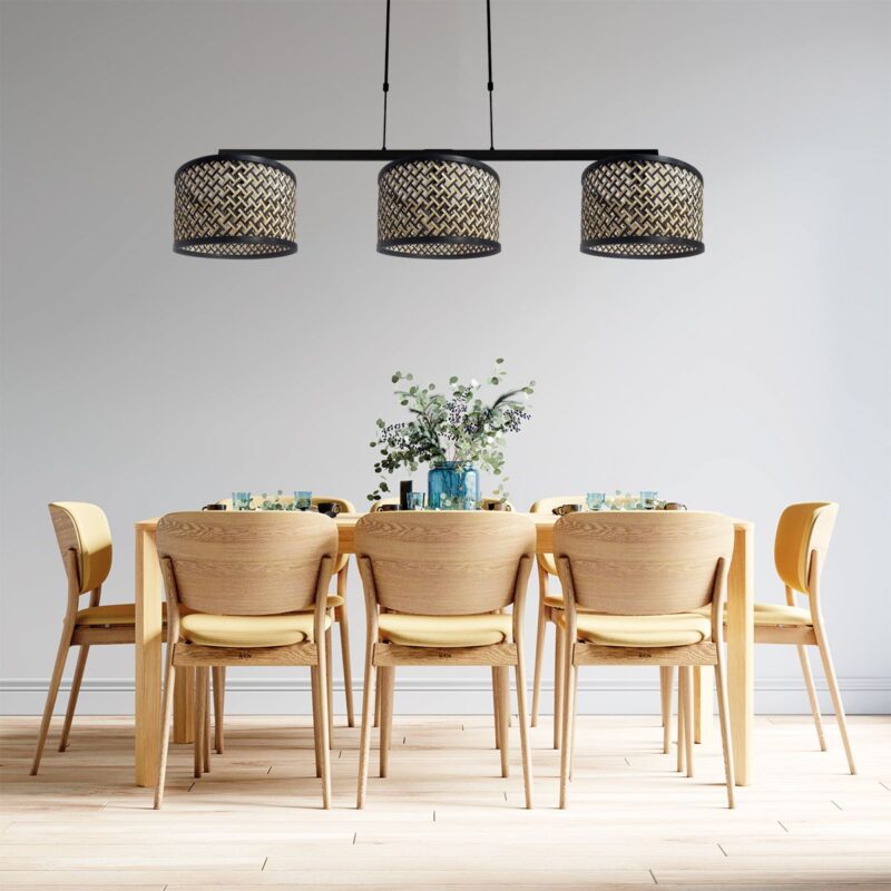 Zwarte 3-lichts hanglamp Stang 3743ZW met blank zwarte bamboe kappen - Afbeelding 3