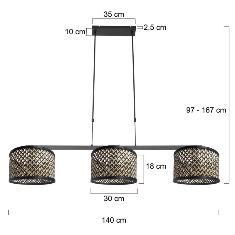 Zwarte 3-lichts hanglamp Stang 3743ZW met blank zwarte bamboe kappen - Afbeelding 7