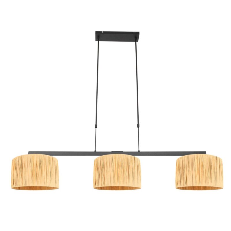 Zwarte 3-lichts hanglamp Stang 3744ZW met blank naturel gras kappen - Afbeelding 2