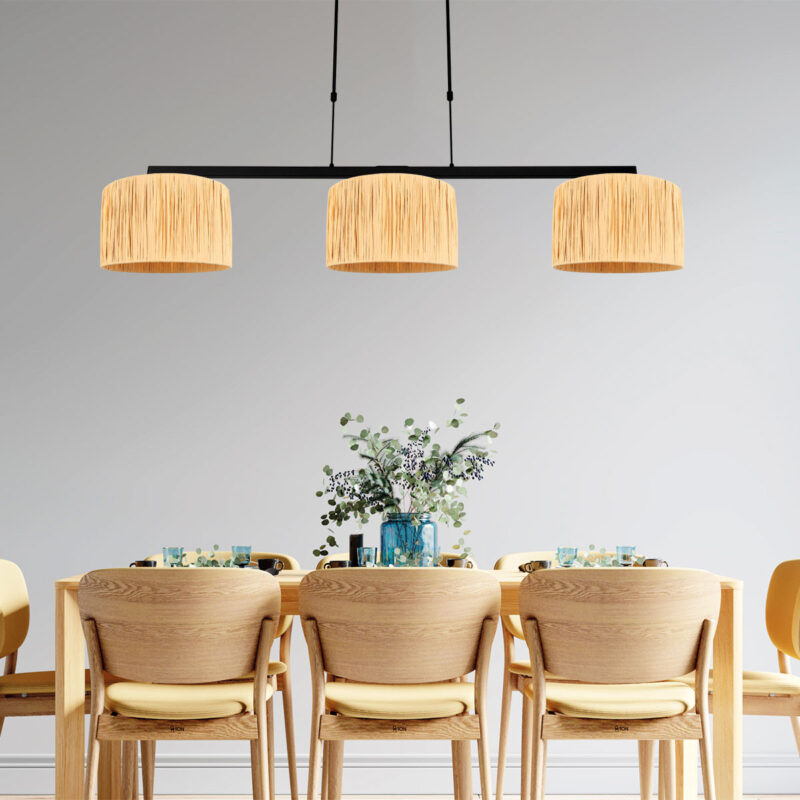 Zwarte 3-lichts hanglamp Stang 3744ZW met blank naturel gras kappen - Afbeelding 3