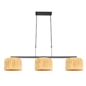 Zwarte 3-lichts hanglamp Stang 3744ZW met blank naturel gras kappen