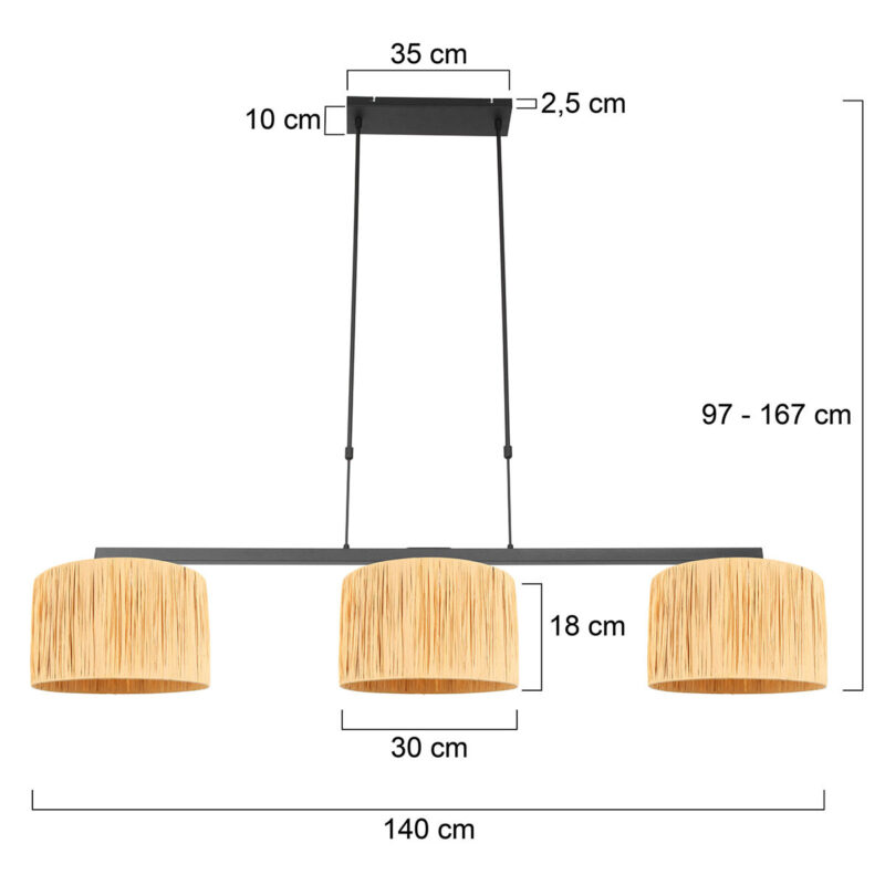 Zwarte 3-lichts hanglamp Stang 3744ZW met blank naturel gras kappen - Afbeelding 7