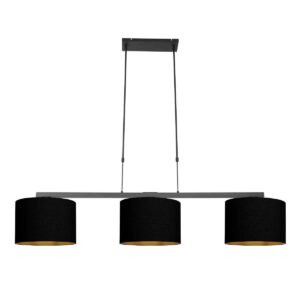 Zwarte 3-lichts hanglamp Stang 3981ZW met zwart linnen kappen met goudkleurige binnenkant