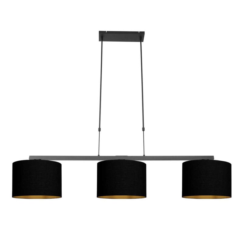 Zwarte 3-lichts hanglamp Stang 3981ZW met zwart linnen kappen met goudkleurige binnenkant