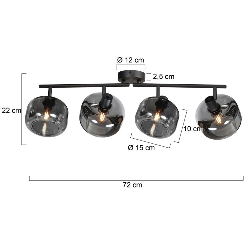 Zwarte 4-Lichts Plafondspot Tenebris 4211ZW – Stijlvolle Verlichting met Smoke Glas - Afbeelding 6