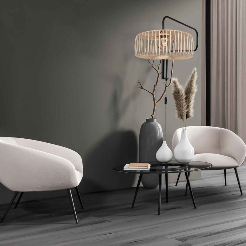 Zwarte Wandlamp Bloeba 4160ZW met naturel bamboe kap - Afbeelding 3