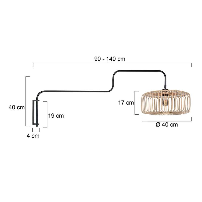 Zwarte Wandlamp Bloeba 4160ZW met naturel bamboe kap - Afbeelding 7