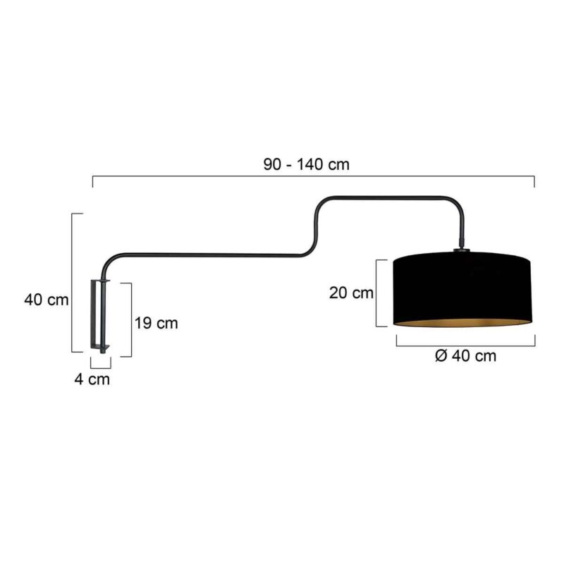 Zwarte Wandlamp Bloeba 4172ZW met zwart linnen kap - Afbeelding 6