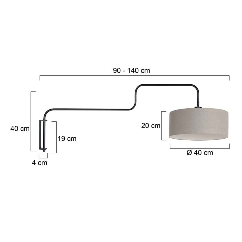 Zwarte Wandlamp Bloeba 4174ZW met grijs grof linnen kap - Afbeelding 6